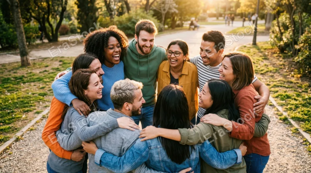 Group of diverse adults in a circular huddle-hug laughing together, heads leaning inward toward each other, multiple genuine expressions of mirth visible, casual modern