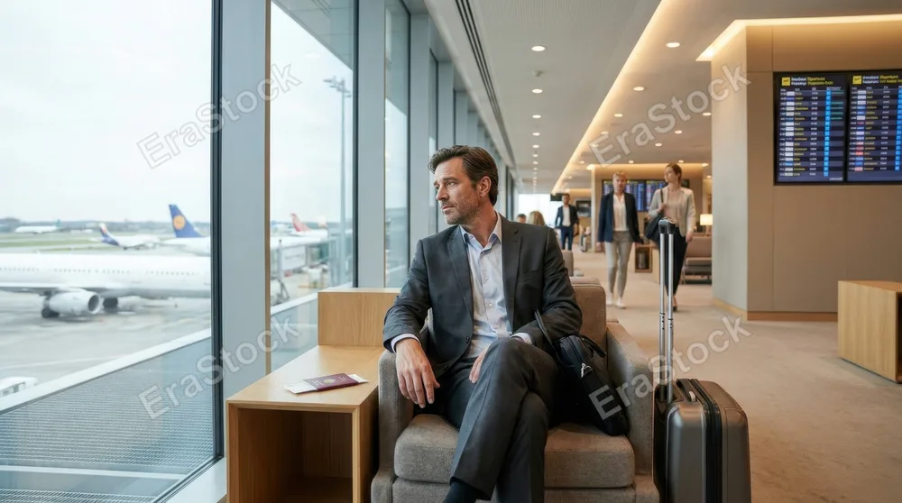A business traveler sits in a modern airport departure lounge wearing professional attire, suitcase and travel documents visible on adjacent seat, large floor-to-ceiling