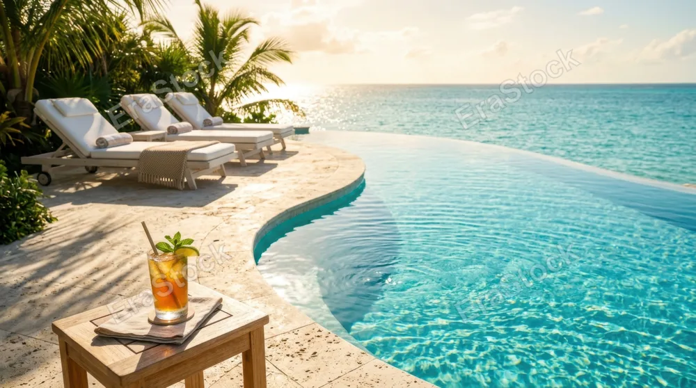 Crystal-clear turquoise water reflecting brilliant sunlight, a curved infinity pool edge blending seamlessly with a distant ocean horizon, white lounge chairs with plush