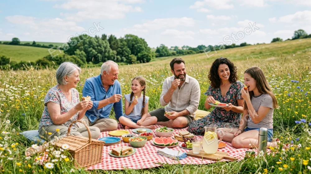 A family picnic spread on a checkered blanket in an open meadow, various colorful foods and drinks arranged casually, everyone seated in a circle eating and conversing,