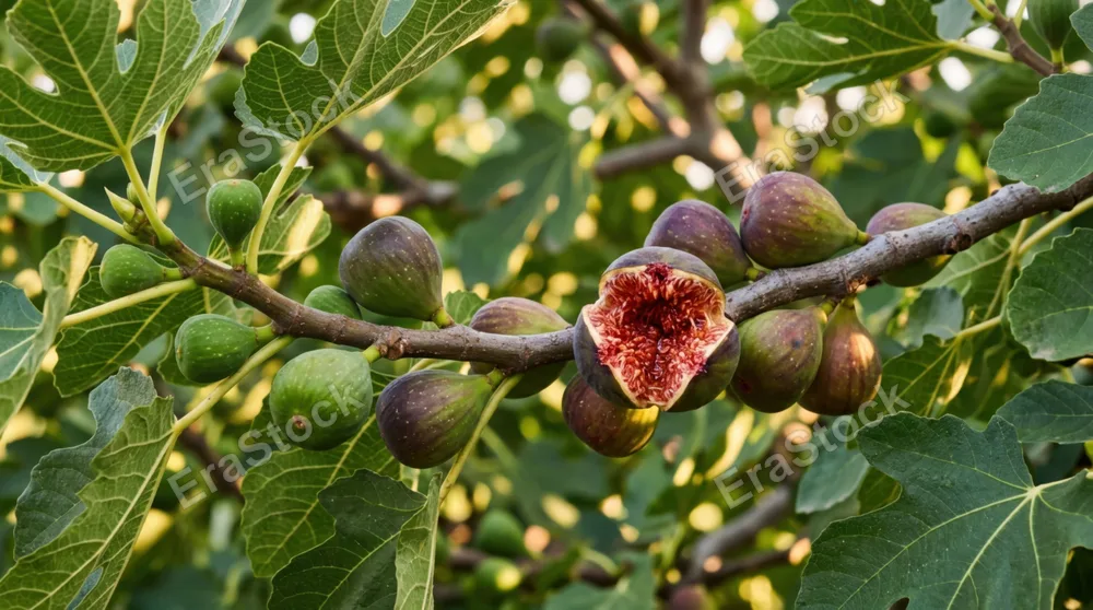 A macro shot of a fig tree branch with developing figs at various stages, some tiny and green, some swelling toward ripeness, others splitting to reveal red interior, afternoon light filtering through
