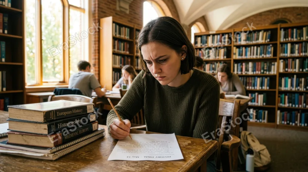 Young student sitting at wooden desk in bright library, pencil hovering over exam paper, furrowed brow showing concentration, stacks of textbooks beside desk, warm