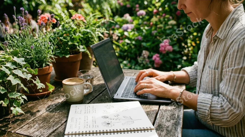Close-up of hands typing on an open laptop at an outdoor garden bistro table, surrounded by flowering plants in ceramic pots, a notepad with sketches visible nearby,