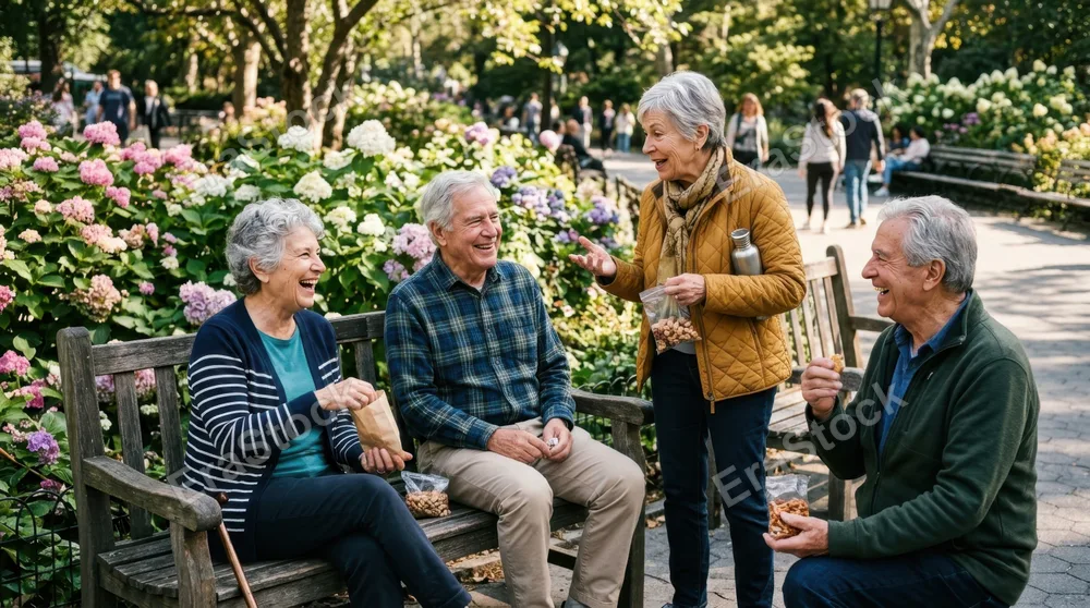 Four senior friends pausing at a sunny park bench during their walk, sitting and standing in mixed poses, sharing snacks and conversation with genuine smiles, modern
