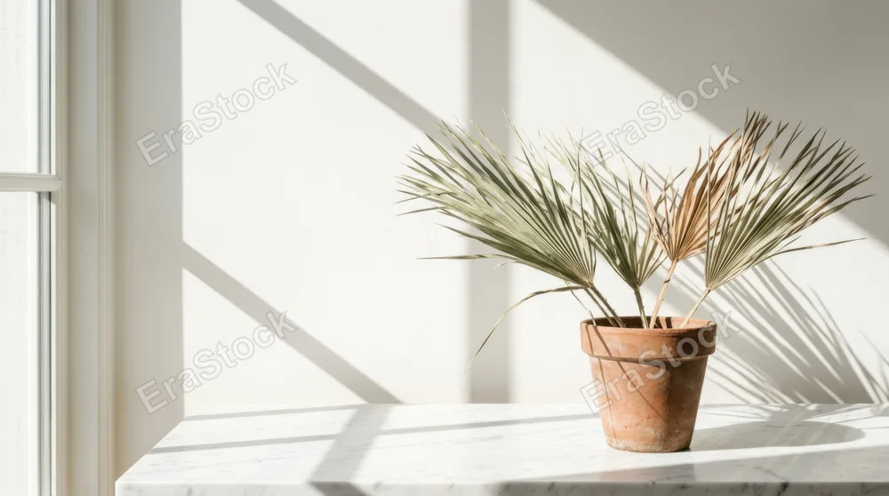 Dried palm fronds in a simple terracotta pot on white marble surface, geometric shadows cast by window light creating bold lines across the composition, muted sage green