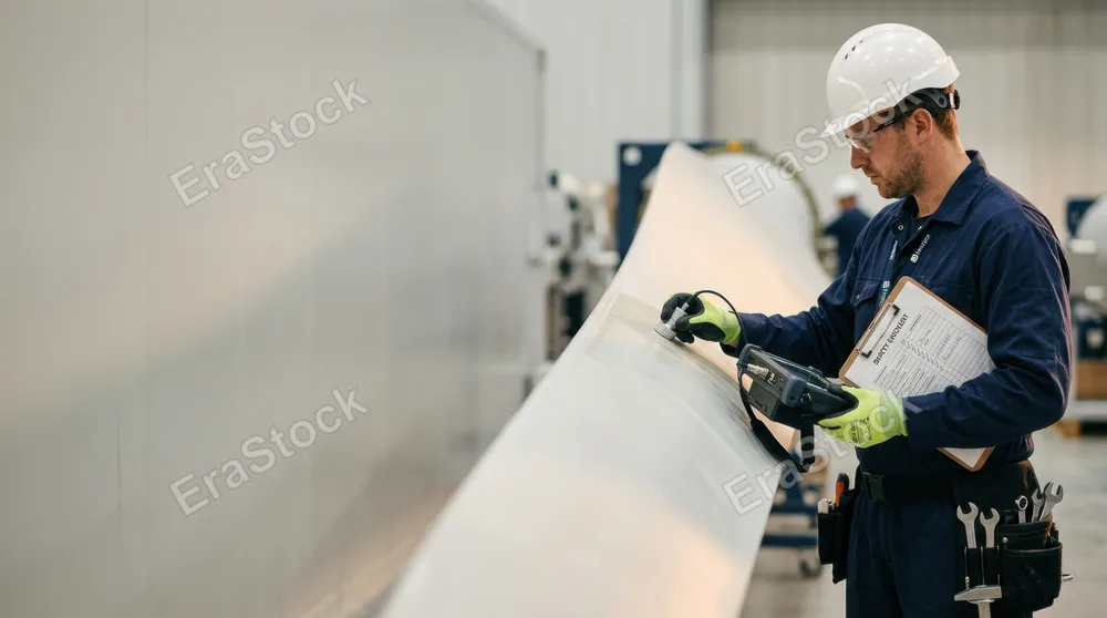 a bold and graphic composition featuring the technician inspecting the turbine blade, with a focus on his tools and safety checklist. the clean lines of the image and the