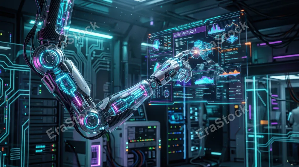Advanced humanoid robotic arm with glowing joints reaching toward holographic interface displays floating in mid-air, fingers extended in delicate precision grip,