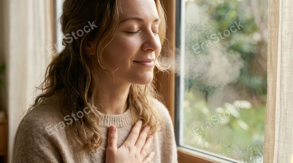 Close-up of a serene woman's face in soft natural light, eyes gently closed, subtle smile, hand placed on chest, slow exhale visible as gentle mist against cool window
