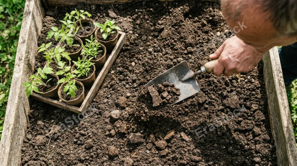Overhead view of a hand trowel breaking through crusty garden soil in a raised wooden bed, loose earth cascading to the sides, spring seedlings waiting in small pots