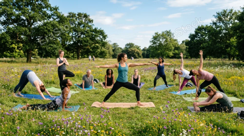 A group of yoga practitioners in various poses arranged on yoga mats across a sunlit park meadow with wildflowers blooming around them, instructor demonstrating warrior