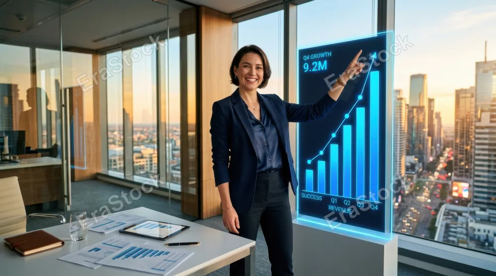 Professional woman in modern glass office standing confidently beside ascending bar chart glowing with blue light, hand pointing upward at peak, scattered papers and
