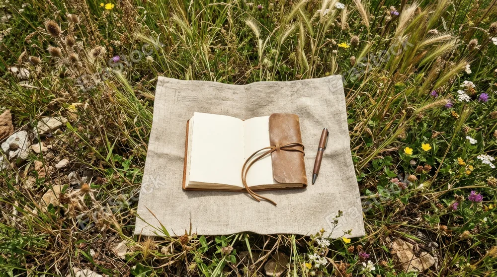 an overhead angle captures the blank journal and pen on the textured linen surface, surrounded by wild grass, creating a unique composition. the bright outdoor lighting