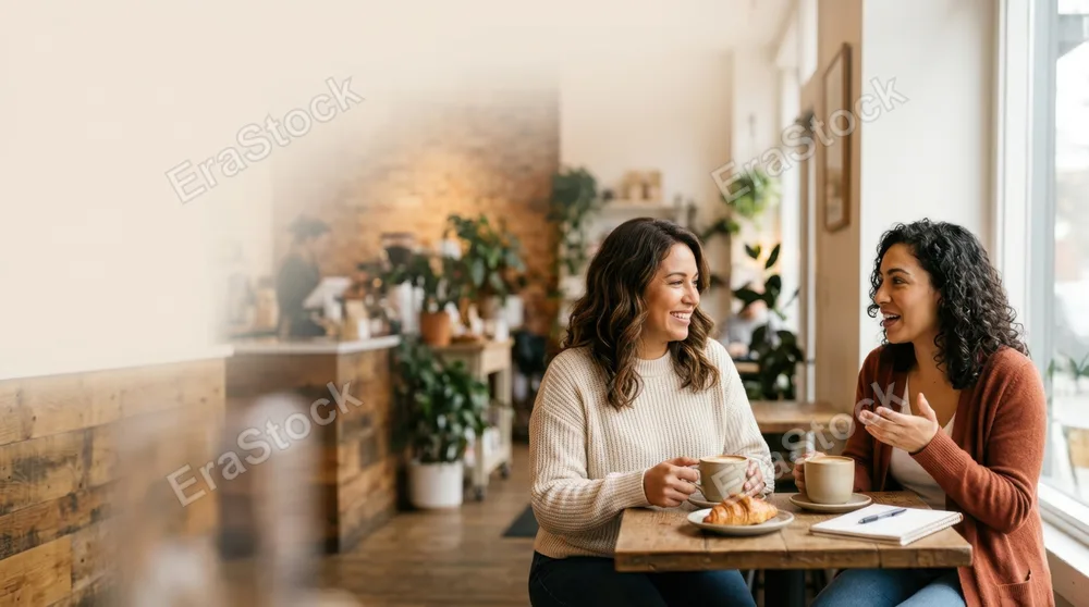 a graphic commercial representation of the two women discussing over coffee, framed to allow generous negative space for potential text overlay. the warm sunlight