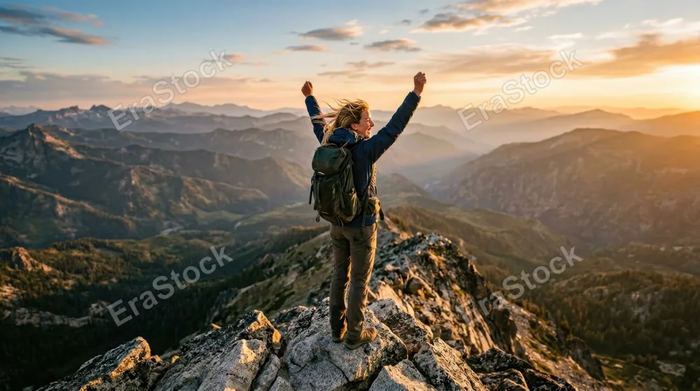 Hiker standing at mountain peak at golden hour, arms raised in triumph, sprawling valley landscape stretching beneath with layered ridges fading into misty distance, warm