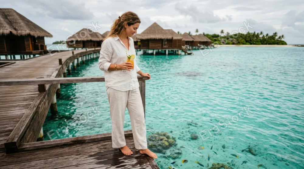 Woman in light linen clothing standing on wooden deck of overwater bungalow, gazing down at clear turquoise water with visible marine life, holding tropical drink, bare
