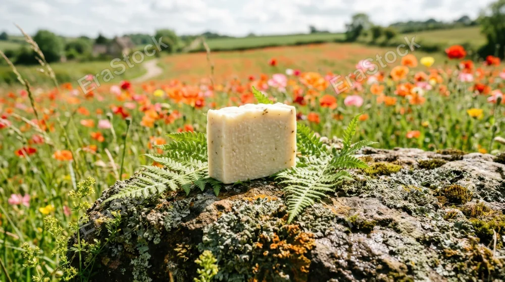a low-angle shot captures an unlabeled soap bar elegantly placed on a lichen-covered stone, surrounded by delicate fern accents. the scene is bathed in soft summer