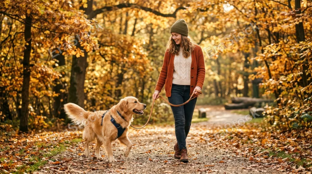 Young woman in casual autumn clothing walking a golden retriever on a leash through a sunlit park, morning light filtering through golden leaves, dog's tail mid-wag,