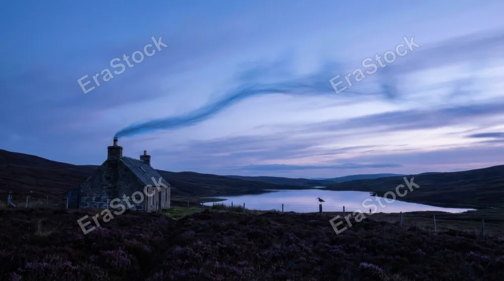 A Highland Scottish moorland at blue-dusk, a crofter's chimney releasing a thin thread of blue peat smoke that rises and bends in the wind, the surrounding heather dark purple in the fading light,
