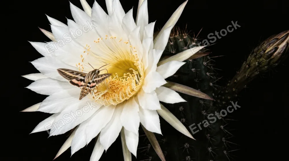 A night-blooming cereus cactus flower photographed at the single hour of its annual opening, the enormous white blossom fully unfurled against absolute desert darkness,