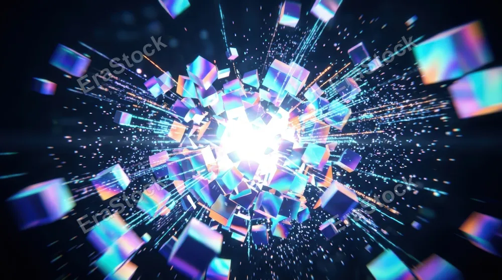 Explosive composition of shattered digital cubes fragmenting outward in slow motion, particles and data streams flowing between broken pieces, vibrant holographic colors