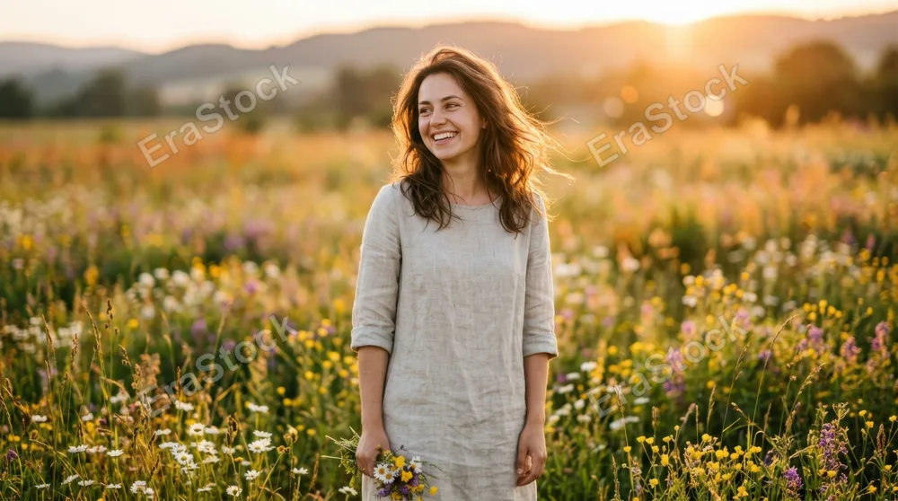 Young woman with windswept hair standing in golden hour sunlight among wildflower meadow, soft natural light illuminating her face, genuine smile, wearing neutral linen