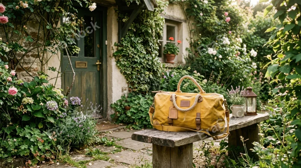 Yellow canvas duffel bag tossed casually on a rustic wooden bench beside a weathered cottage entryway, lush garden plants and climbing vines framing the scene, soft