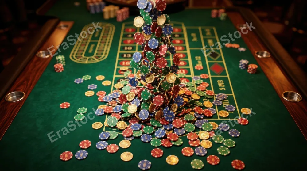 Overhead view of a cascading stack of colorful casino chips tumbling across a felt gaming table, chips mid-fall with crisp edges catching warm casino lighting, reds blues