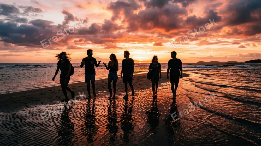 A group of friends walks together on a sandbar at sunset, their silhouettes dark against glowing orange and pink sky reflecting in wet sand below, warm dramatic lighting
