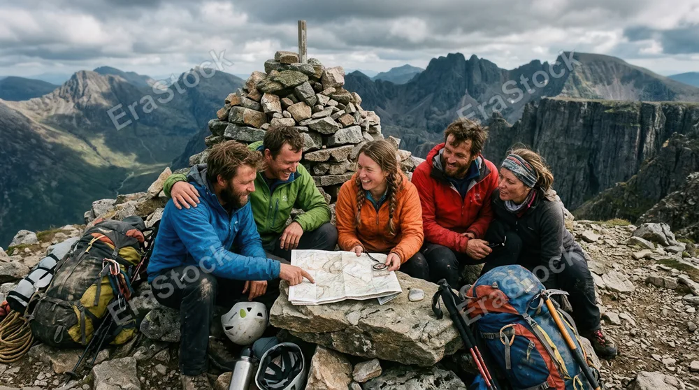 Group of climbers resting at rocky summit cairn, sitting together on stone, examining worn topographic map and compass, celebration and camaraderie evident, dramatic