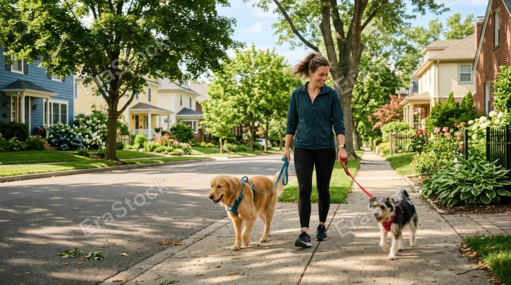 Afternoon suburban dog walk with two dogs of different sizes on separate leashes, tree-lined residential street with colorful houses in background, dogs walking calmly