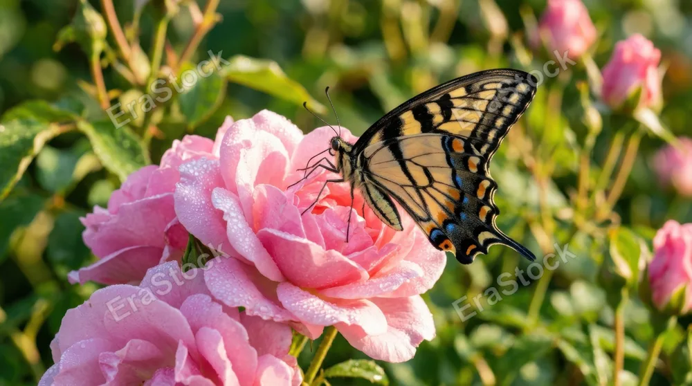 Swallowtail butterfly resting on soft pink rose petals, intricate wing venation and wing-tip patterns clearly visible, morning dew droplets on flower and insect thorax,
