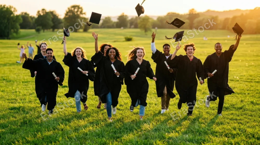 Young graduates in academic robes sprint joyfully across an open meadow at golden hour, mortarboards flying through the air, diplomas clutched in hands, faces radiating