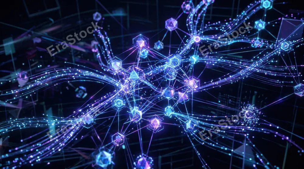 A close-up of interconnected digital nodes and flowing data streams visualized as glowing lines and particles moving across a dark background, representing network