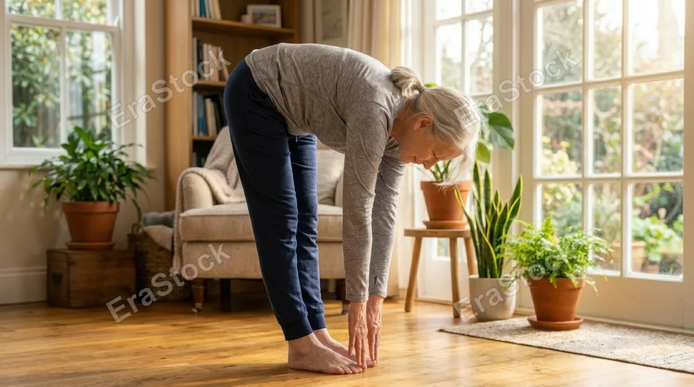 An elderly woman performing a gentle forward bend stretch in a bright sunlit living room, hands reaching toward her toes with relaxed posture, soft natural light