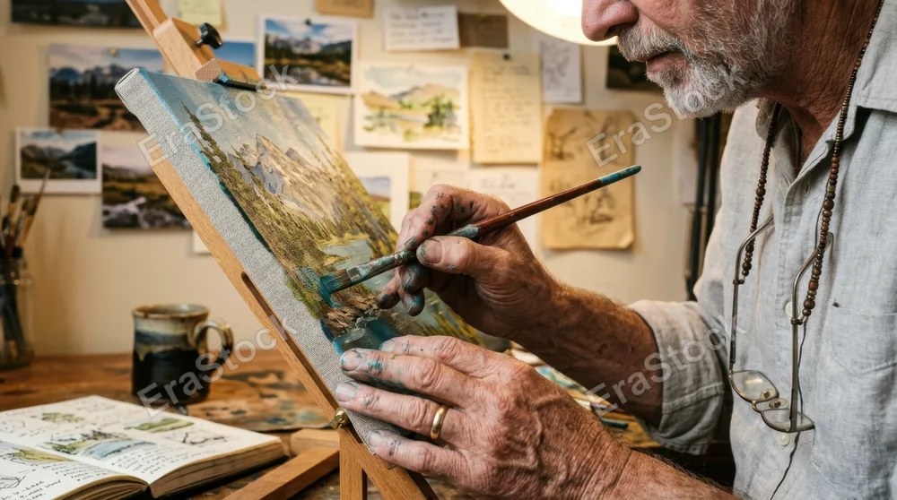 Close-up of weathered hands holding a fine art brush, applying delicate acrylic strokes to a landscape painting, reading glasses hanging on a beaded chain, coffee mug and