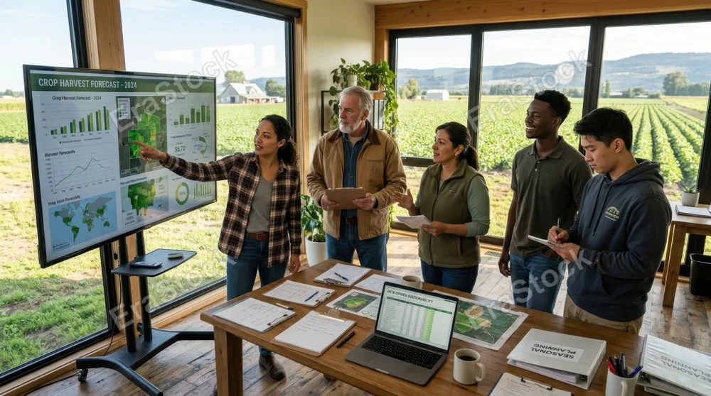 A team of agricultural professionals assembles in a modern farm office with large windows overlooking fields, gathered around a digital screen showing crop data and