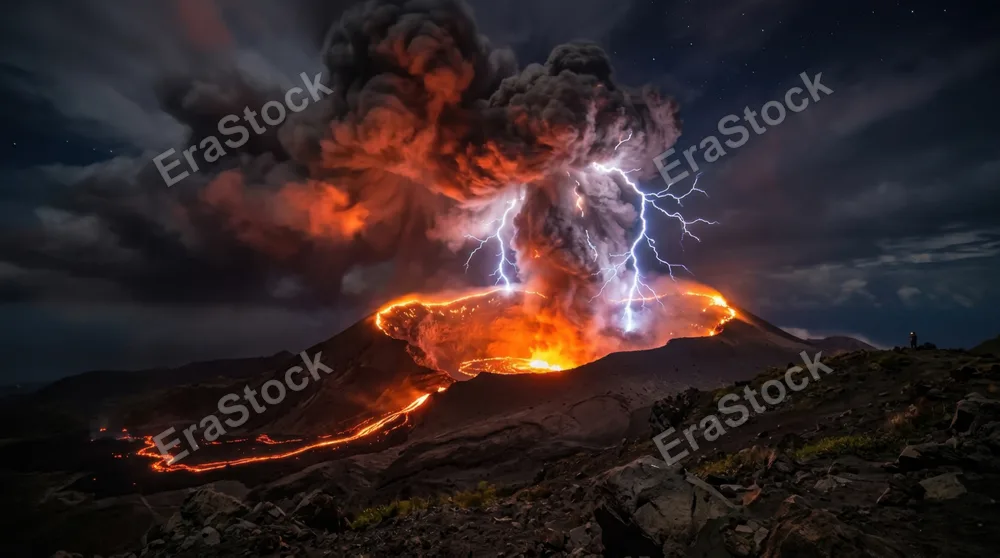 A lightning storm over an active volcano at night, the lava lake in the crater glowing molten orange and red, volcanic lightning bolts crackling upward through the ash