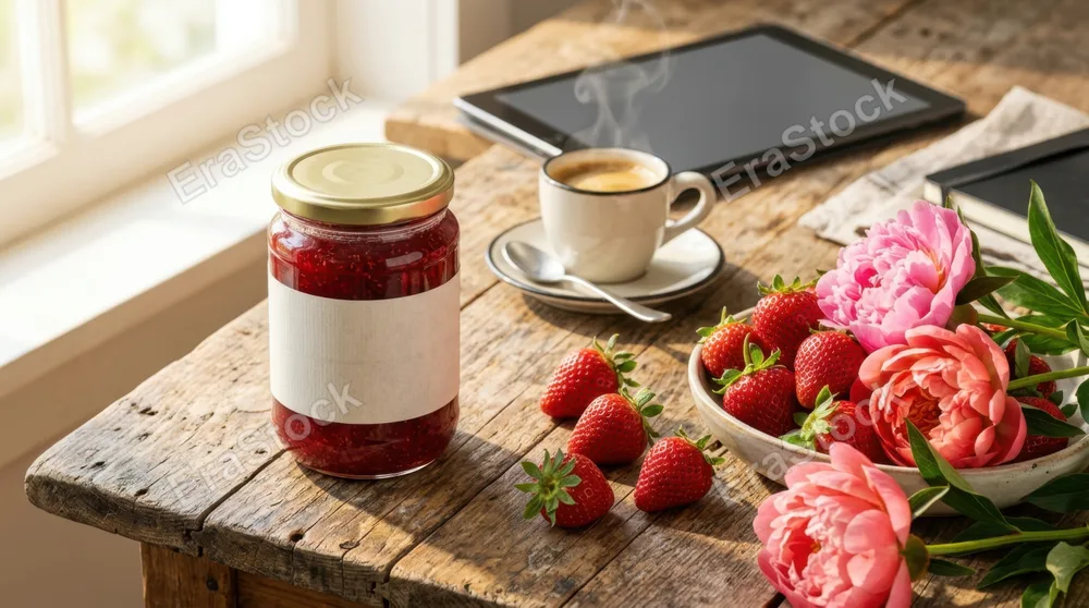a bold, graphic composition showcasing the blank-label strawberry jam jar prominently against the weathered wood table with rows of fresh strawberries and peonies. the