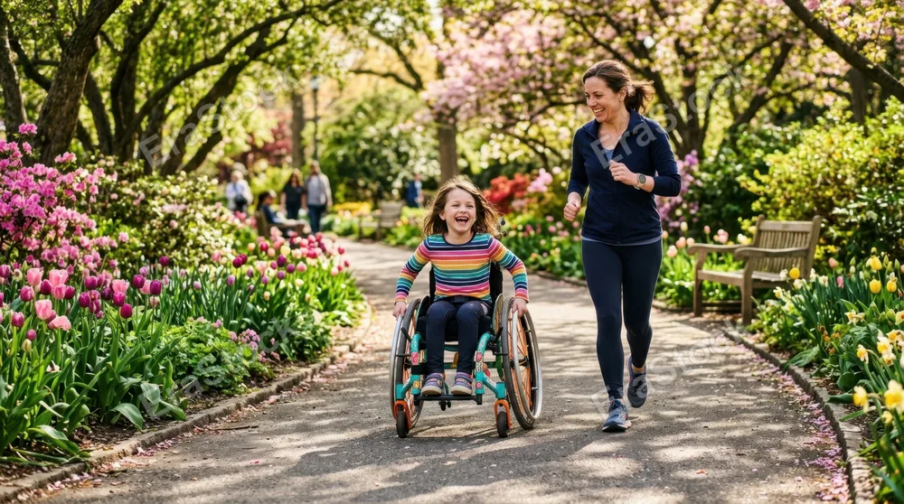 Child in a colorful manual wheelchair zooming down a sunny park path surrounded by blooming flowers and trees, caregiver jogging alongside gently, both smiling broadly,
