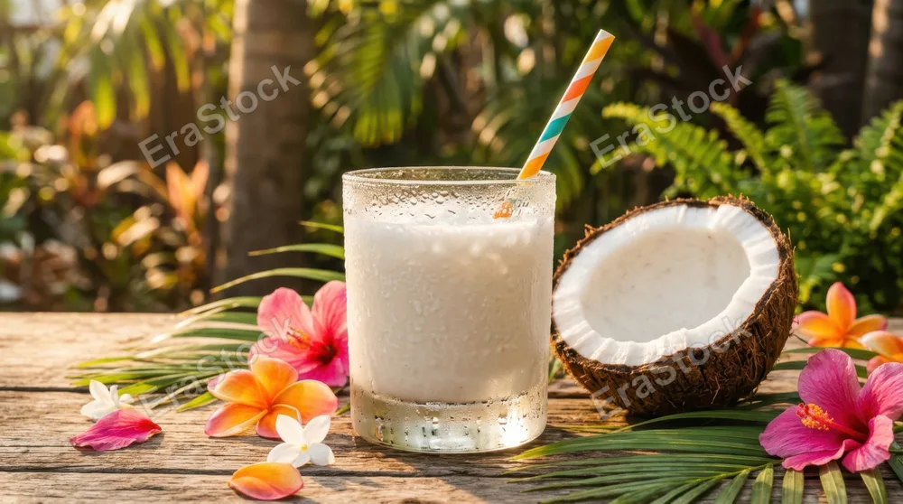 Frosted glass filled with creamy white coconut beverage, fresh coconut half nestled beside it, condensation beads glistening on the rim, colorful striped paper straw