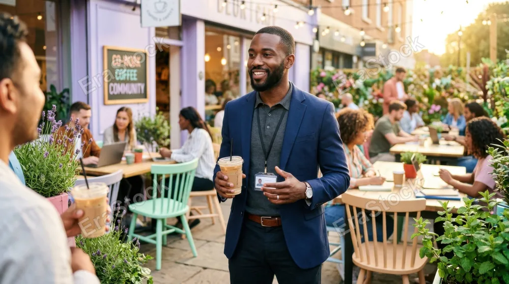 a 30-year-old black male project manager stands diagonally in a vibrant cafe terrace, holding two iced lattes and exuding professionalism. the environment is lively with