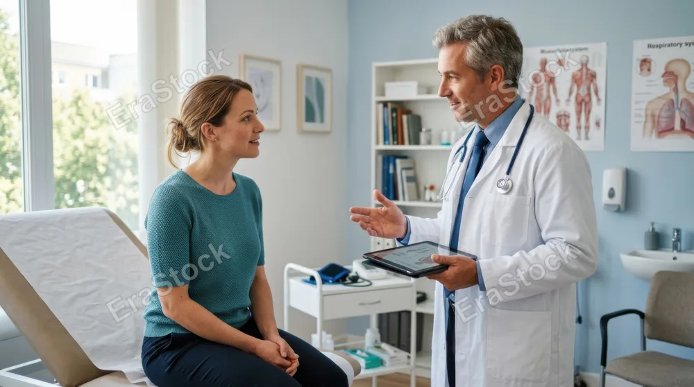 Female patient sitting upright on examination table in bright clinical room, attentive male doctor in white coat holding tablet, gesturing while explaining diagnosis,