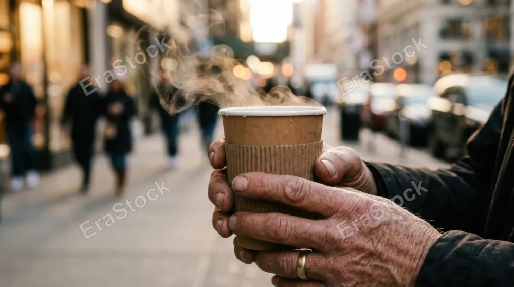 Steaming paper cup with a cardboard sleeve held by weathered hands during golden morning light, wisps of vapor rising in soft spirals, condensation droplets clinging to