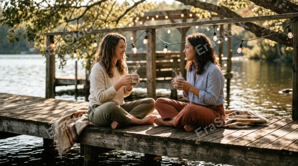 Dock scene with two friends sitting cross-legged facing each other, holding steaming beverage mugs, casual linen clothing, dappled sunlight filtering through overhead