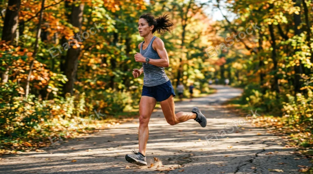 A fit person in athletic wear mid-stride on a sunlit tree-lined park path, morning light filtering through leaves creating dappled shadows across the pavement, sweat