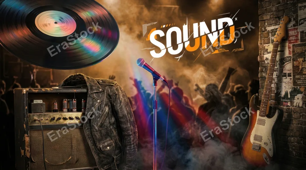 Vinyl record spinning mid-rotation with a leather jacket draped over vintage amplifier, colorful stage lights reflecting off chrome microphone stand, bold typography