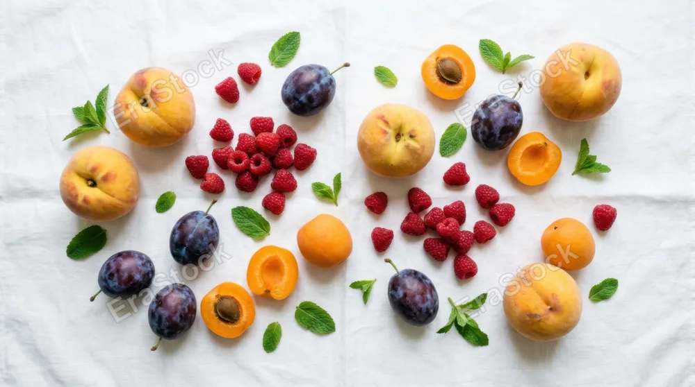 Overhead flat lay of seasonal stone fruits and berries: peaches with fuzzy skin, plums in deep purple, fresh raspberries scattered artfully, sliced apricots, mint leaves
