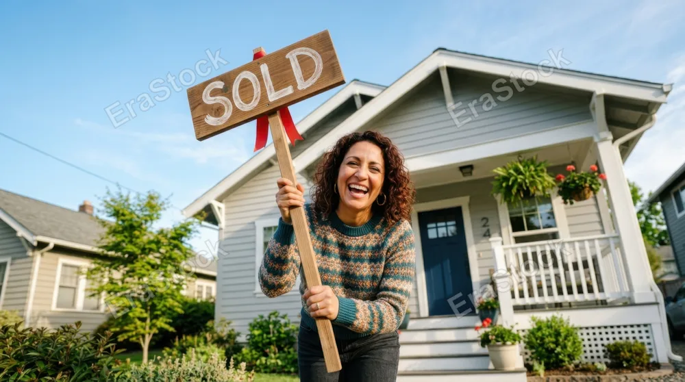 from a low angle, a candid shot captures the 38-year-old hispanic homebuyer joyfully holding her sold sign in front of her newly painted light gray house. sunlight