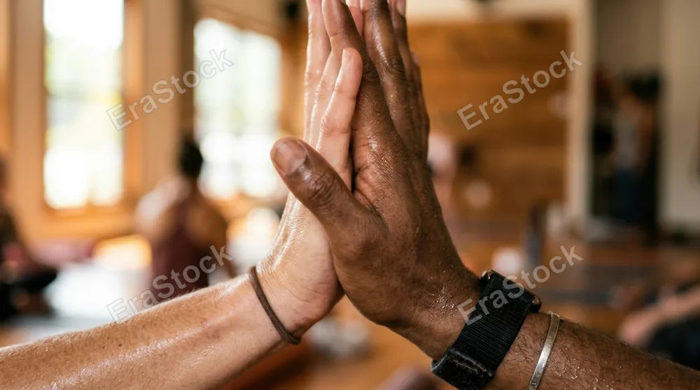 Close-up detail shot of two hands meeting in an energetic high-five, fingers extended and palms connecting with dynamic energy, beads of perspiration visible on skin