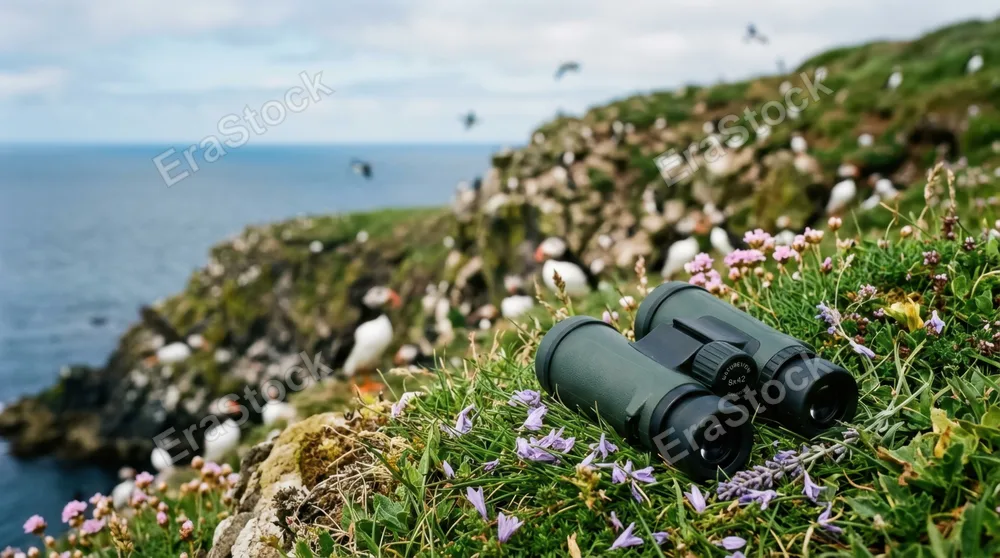 a graphic commercial composition focusing on a pair of binoculars amidst the vibrant greenery and scattered lavender petals, providing generous negative space ideal for